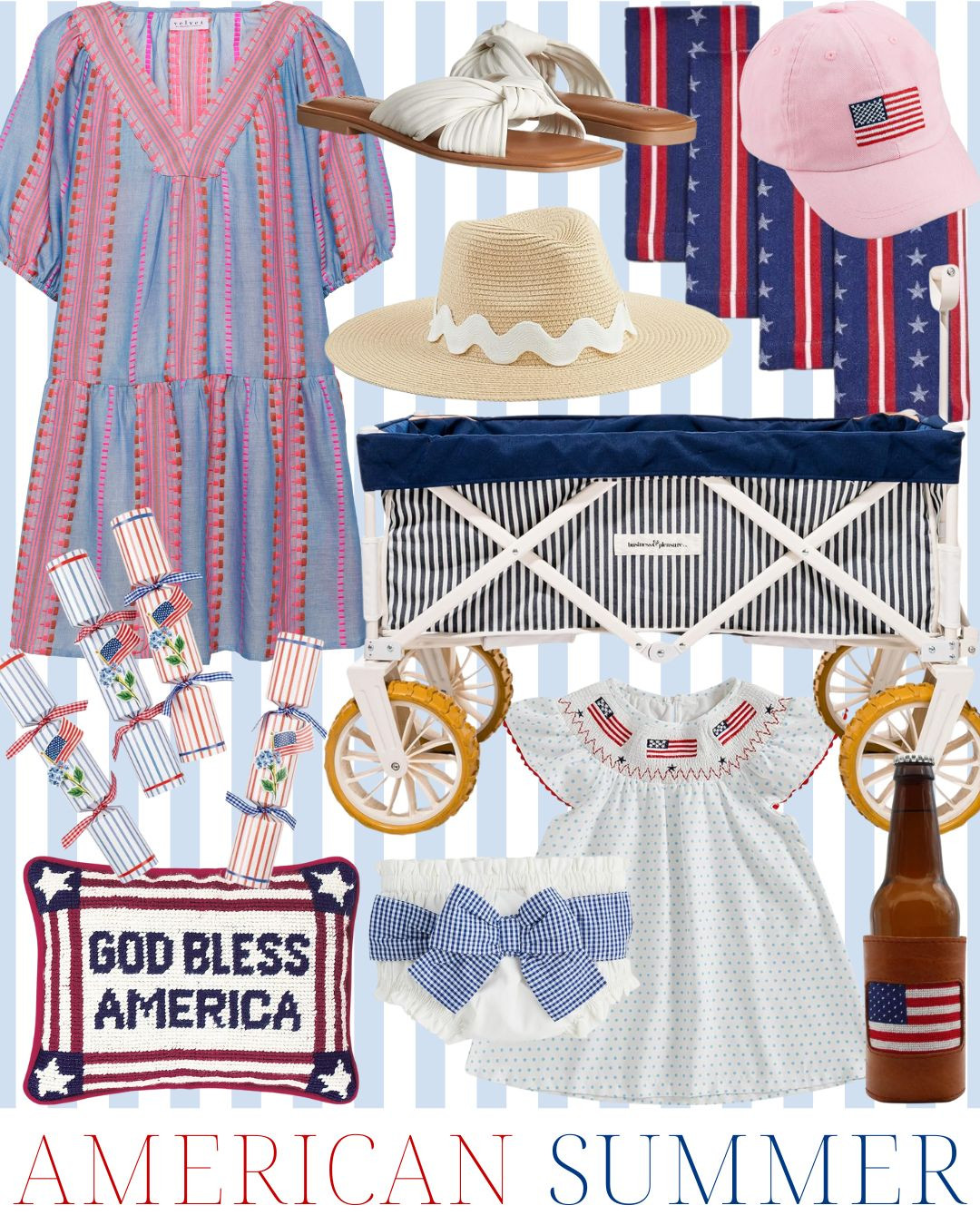 American summer style | patriotic outfits | red white and blue | Fourth of July finds | summer accessories | striped dress | patriotic baby outfit | gingham bow | smocked dress 

 #LTKSeasonal #LTKHome