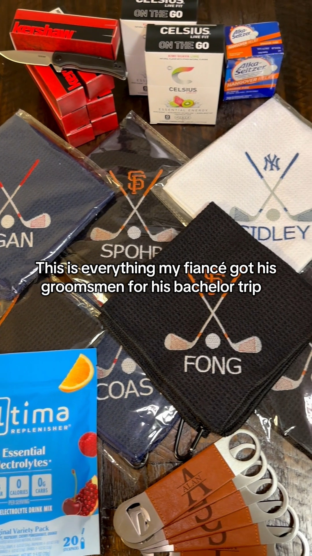 This is everything my fiancé got his groomsmen for his bachelor trip! Custom golf towels, custom bottle openers, electrolytes, pocket knives, energy packets, and hangover relief. These would be great groomsmen proposal gifts as well.

#LTKWedding #LTKKids #LTKMens