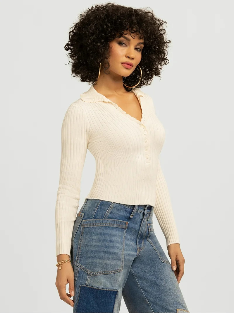 Jessica Simpson Women's and Women's Plus Luanne Polo Sweater with Long Sleeves, Lightweight, Size... | Walmart (US)