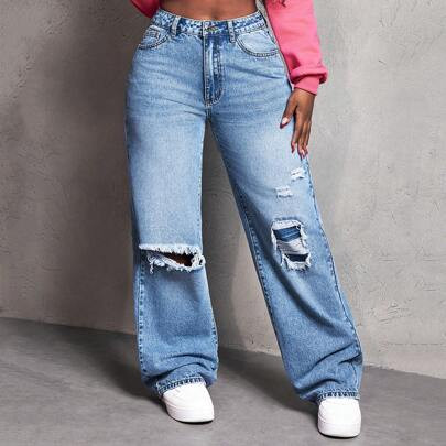 Women Casual High Waisted Loose Fit Ripped Denim Wide Leg Jeans, Suitable For All Seasons | SHEIN