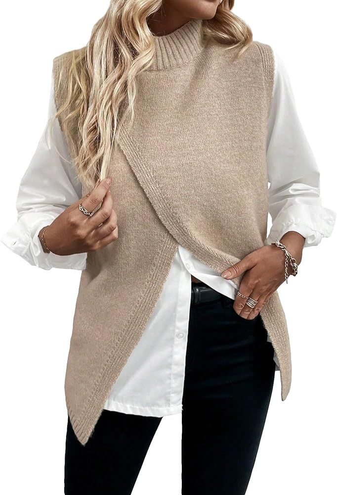 GORGLITTER Women's Split Wrap Hem Sweater Vests Mock Neck Sleeveless Pullover Tops | Amazon (US)