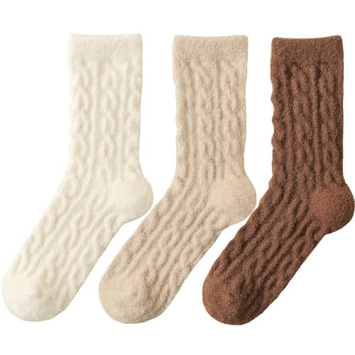 Fuzzy Crew Socks Women Warm Flully Socks Men Home Cozy Soft Sleeping Socks 5-10 Fall Winter 3 Pairs (Beige+Khaki+Coffee) | Amazon (US)