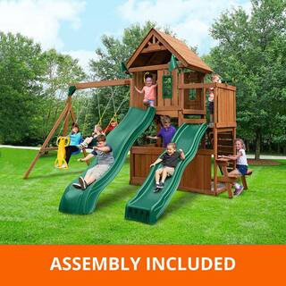 Professionally Assembled Knightsbridge Deluxe Wooden Outdoor Playground Set with Slides, Rock Wall, and Swings Set | The Home Depot