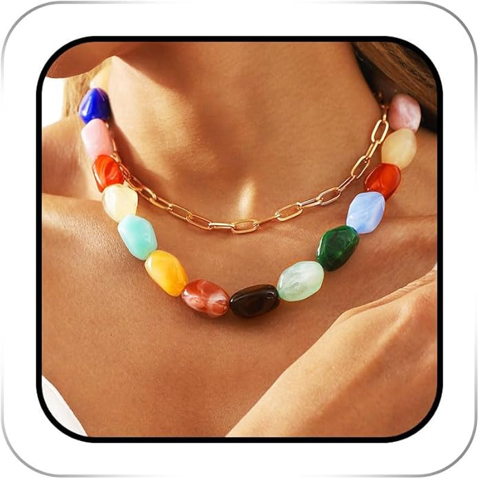 ACEDRE Colorful Statement Gemstone Necklace Chunky Layered Beaded Choker for Women | Amazon (US)