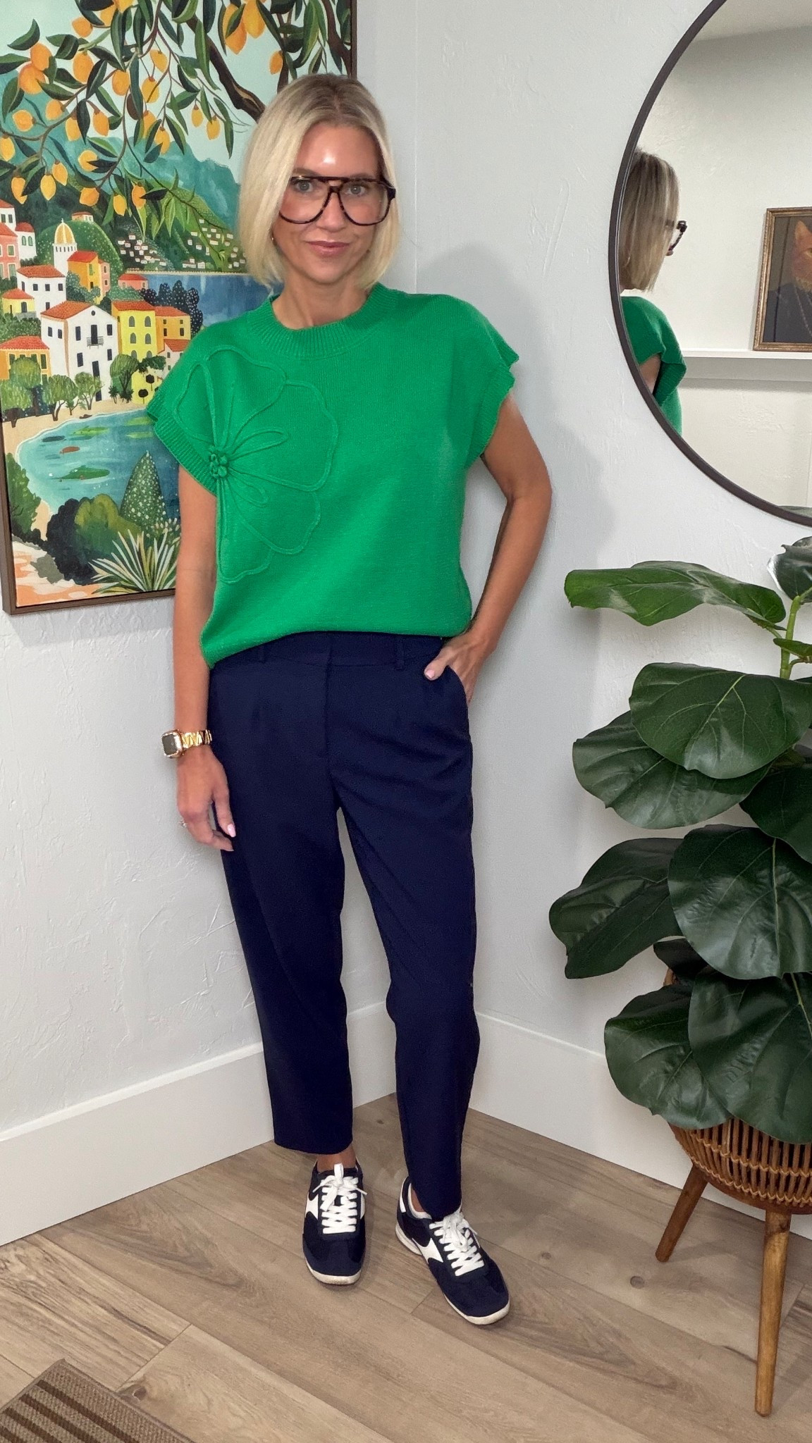 You know I love my 3D flower sweaters, but I found it in a lighter weight top too! It runs oversized so I’d size down as least one. 
These are my favorite trousers from Target. Their lightweight is so versatile! I’m wearing a 4. 
My sneakers are also from Target. 

#LTKSeasonal #LTKOver40 #LTKootd