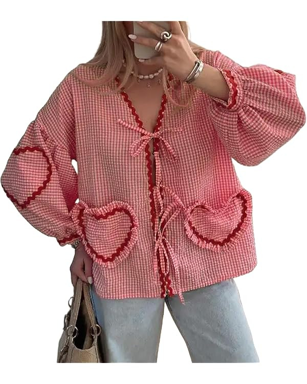 Tie Front Tops for Women Gingham Babydoll Bow Top Puff Sleeve Coquette Tops Heart Long Sleeve Cut... | Amazon (US)