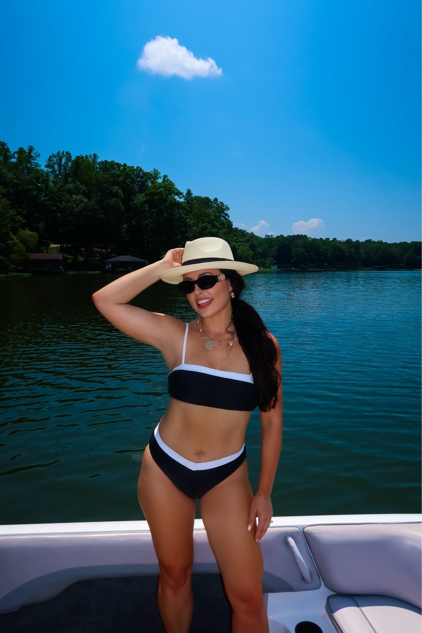 Under $15 Amazon colorblock bathing suit (medium, 5+ colors), under $30 fedora sun hat, oval and gold sunglasses and gold shell necklace — perfect for a lake or beach day! #founditonamazon

#LTKSaleAlert #LTKActive #LTKSwim