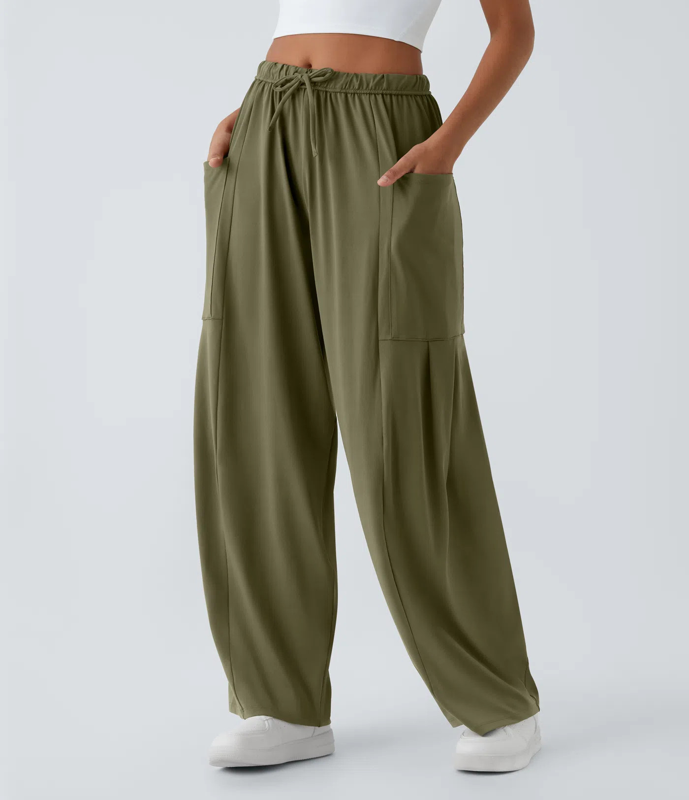 Mid Rise Elastic Waistband Drawstring Pocket Palazzo Flowy Wide Leg Baggy Casual Pants | HALARA
