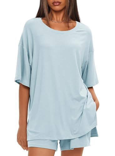 Darong Women's Two Piece Loungewear Set Summer Casual Boxy Shirts Drawstring Shorts Matching Airport Travel Outfit 9121A Light Blue S | Amazon (US)