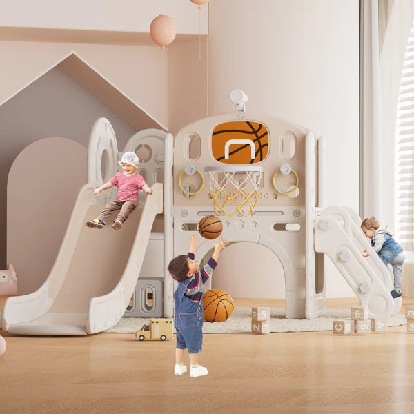 Linor Toddler Slide, 8 in 1 Toddler Indoor Outdoor Playset with Slide, Climber, Basketball Hoop | Wayfair North America