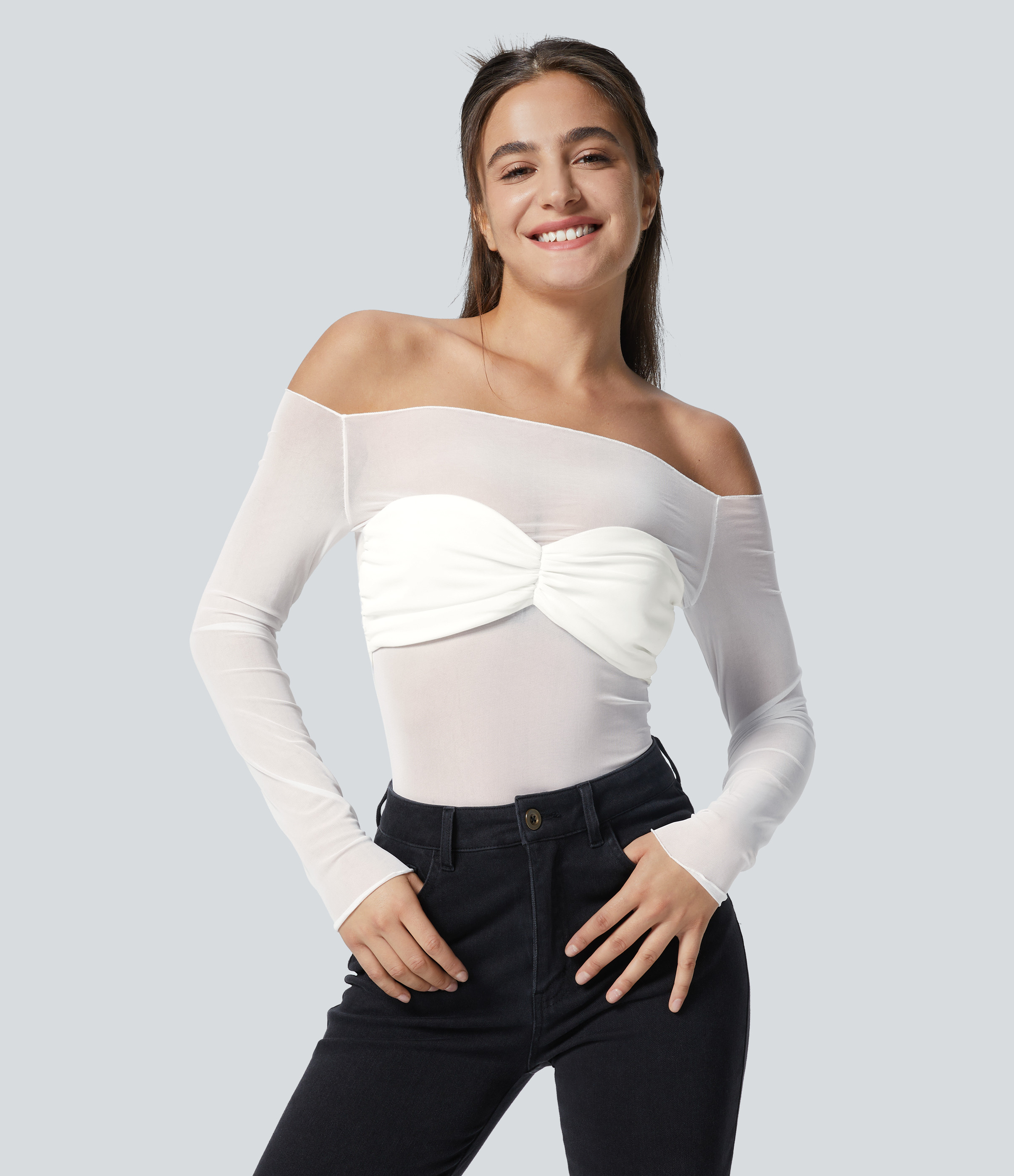 Halara Sheer Mesh Off Shoulder Chest Ruched Top Tank Top - White - M golf tops halter top tunic tops sleeveless tops backless top | HALARA