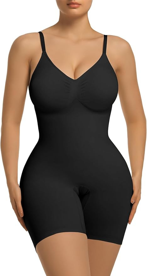 SHAPERX Women's Bra Free Bodysuits Tummy Control Shapewear Mid Thigh Body Shaper with Removable P... | Amazon (US)