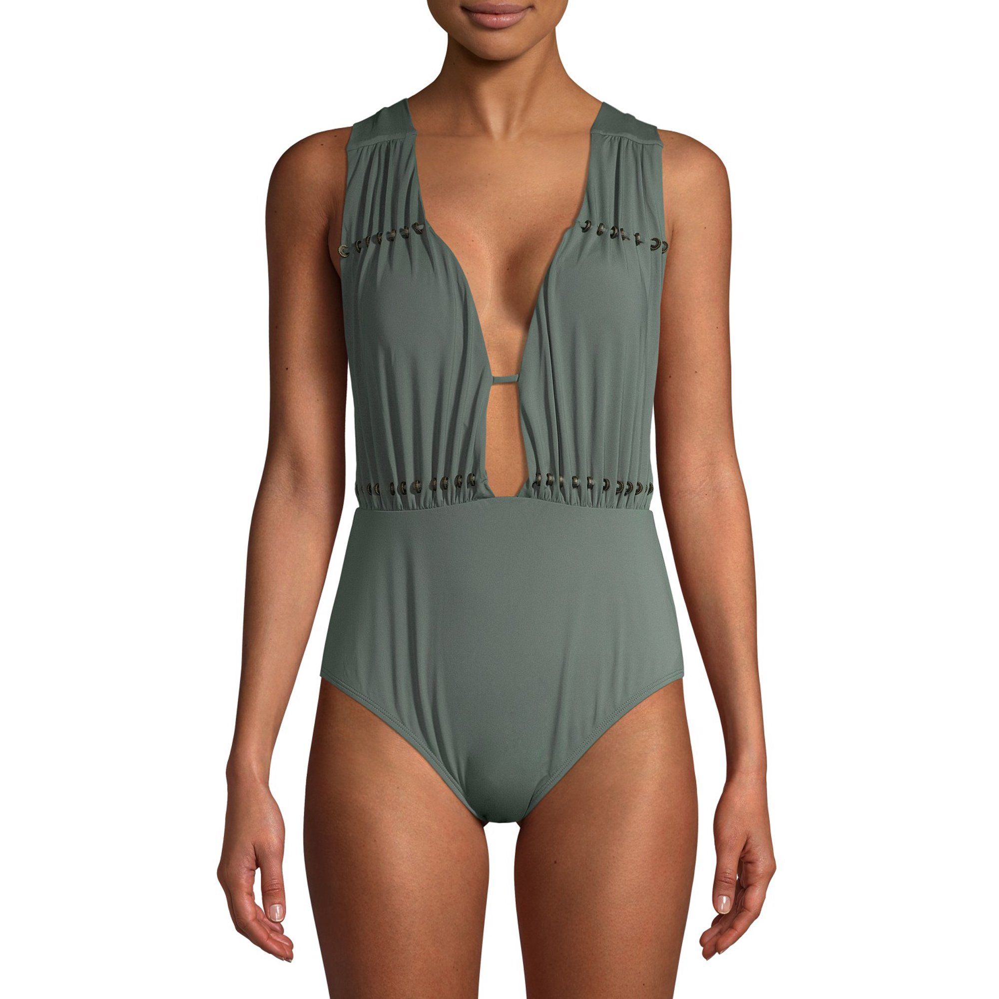 Time and Tru Women's Beaded Plunge One Piece Swimsuit | Walmart (US)