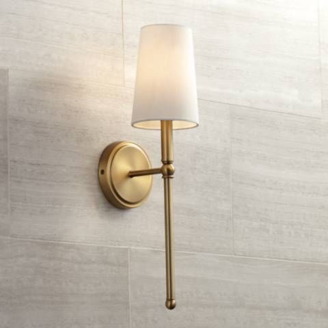 Greta 21" High Warm Brass Wall Sconce with Linen Shade - #9J997 | Lamps Plus | Lamps Plus