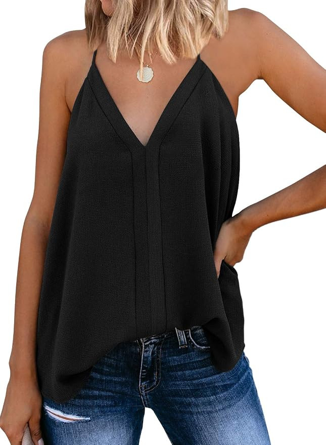 miduo Womens V Neck Strappy Tank Tops Loose Casual Sleeveless Shirts Blouses | Amazon (US)