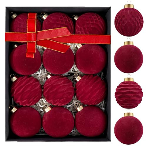 WDF 12PCS Velvet Christmas Tree Ornaments - Burgundy Christmas Ornaments 4 Styles - Red Christmas Ball - 80mm 3.15inch Shatterproof for Xmas Trees Decorations | Amazon (US)