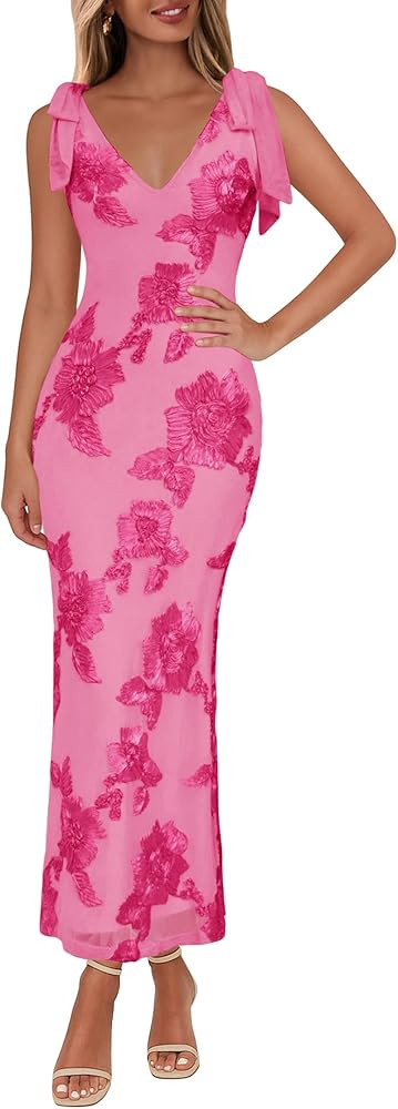 Lazysmile Womens Floral Embroidered Maxi Dress Sleeveless V Neck Tie Strap Ribbon Flower Mesh Par... | Amazon (US)