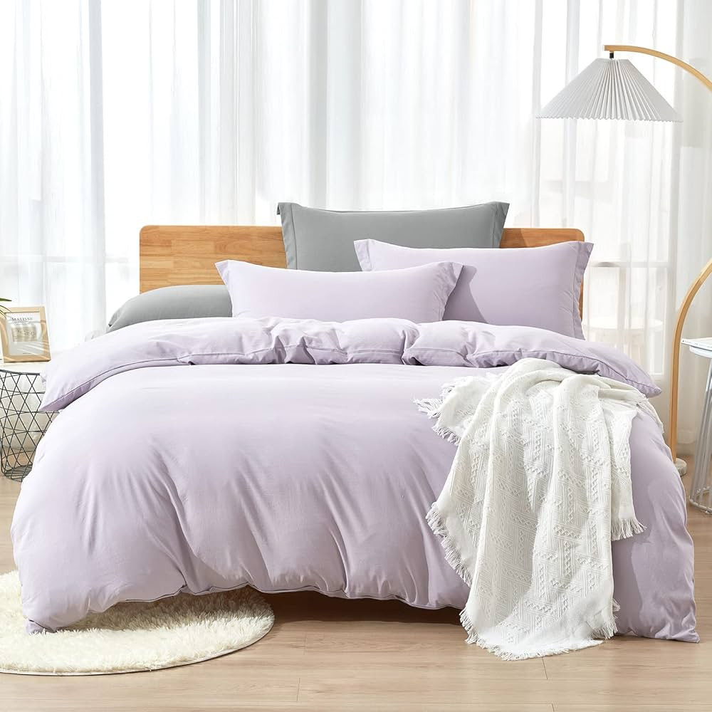 Duvet Cover Queen,Washed Microfiber Light Purple Queen Size Duvet Cover Set,Solid Color - Soft an... | Amazon (US)