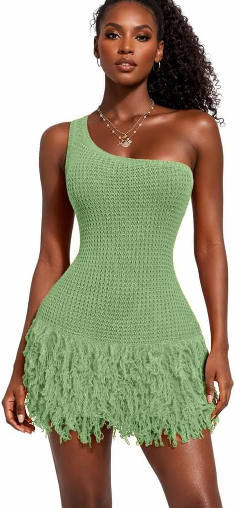 Women One Shoulder Crochet Knit Mini Dress Fringe Hem Bodycon Sleeveless Summer Beach Party Dress... | Amazon (US)