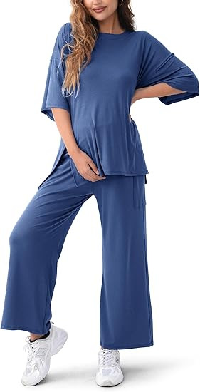 Maternity Lounge Set 2 Piece Outfits Matching Short Sleeve Top Adjustable Long Pants Pregnancy Su... | Amazon (US)