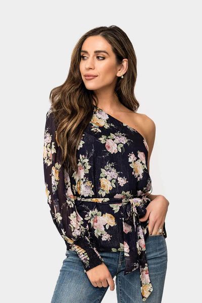 Lovely One Shoulder Smocked Cuff Blouse | Gibson