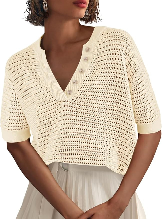 Imily Bela Womens Short Sleeve Summer Tops Casual Crochet V Neck Button Up Hollow Out Knit Sweate... | Amazon (US)
