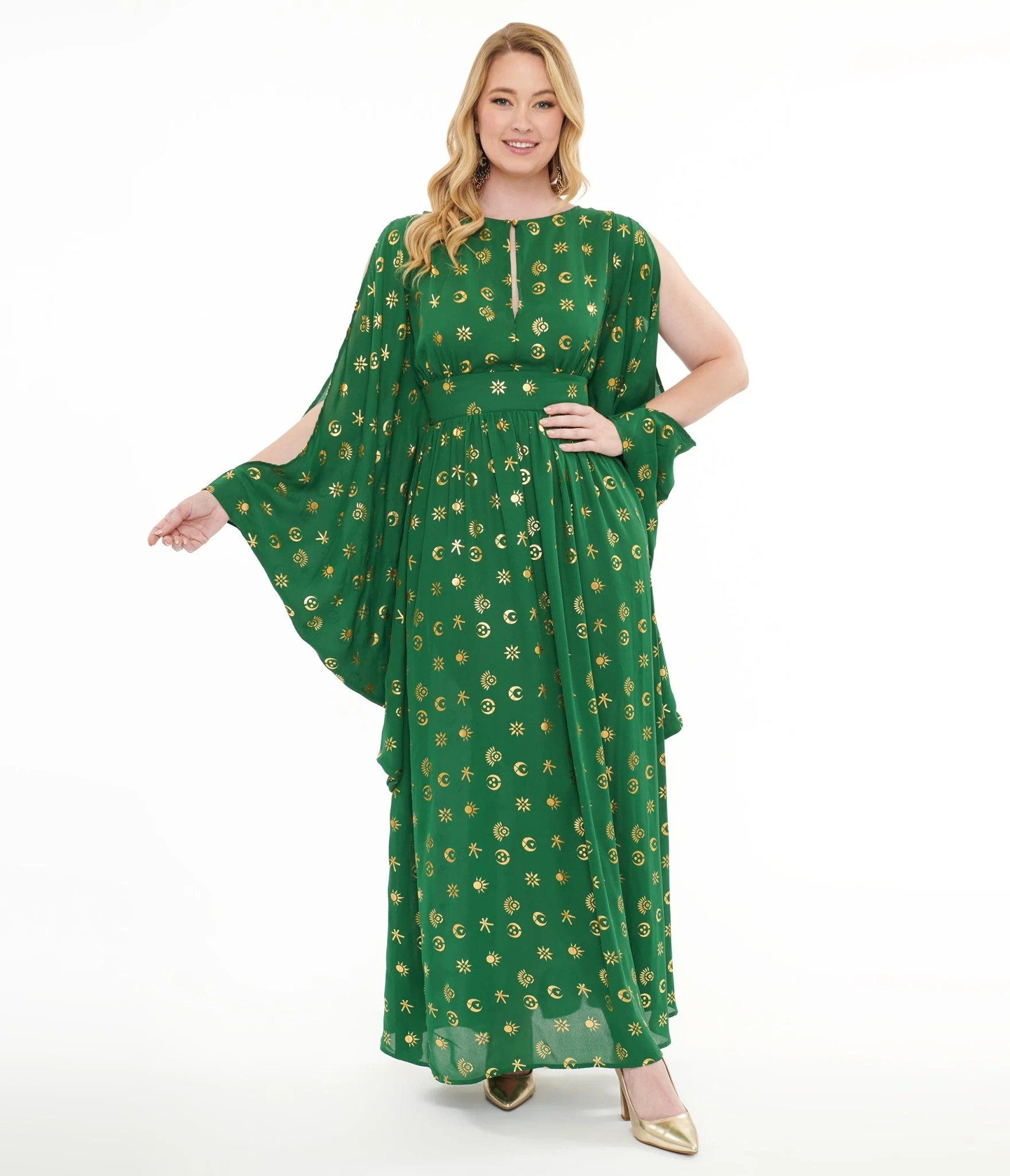 Disney Hocus Pocus Collection by Unique Vintage Green & Gold Moon Print Caftan | UniqueVintage