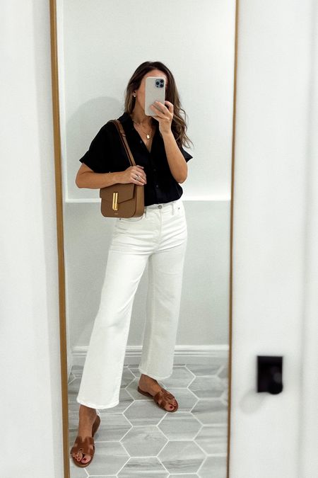 This outfit will be on repeat! 
Linen shirt in xs - it’s a roomy fit 
Jeans tts 
Leather slides - go up a 1/2 size (I’ve had these for a few years and they’re amazing. I find them more comfortable than Hermes Oran sandals). 


#LTKFind #LTKsalealert #LTKSeasonal