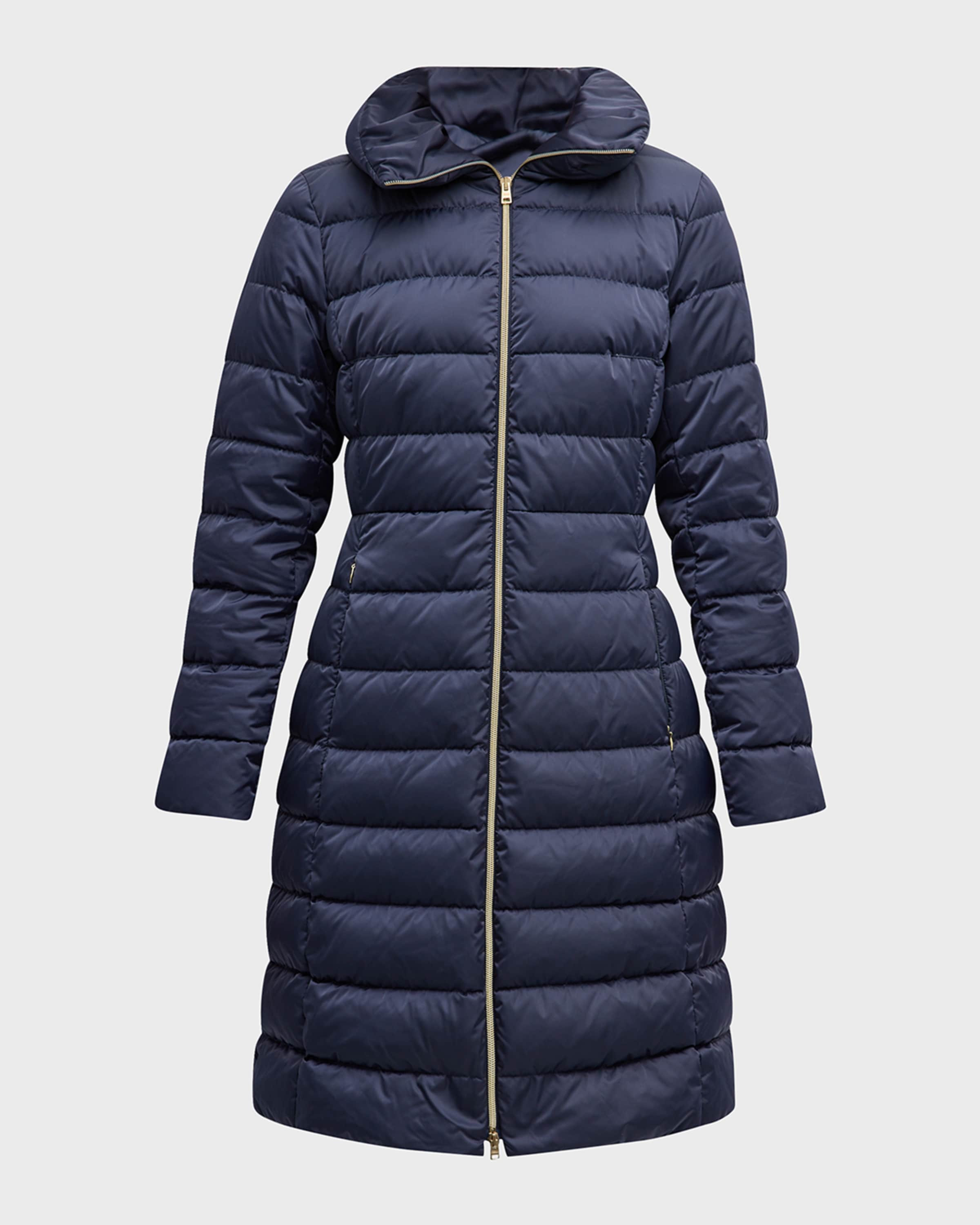 Sateen Nylon Midi Puffer Coat with Hidden Hood | Neiman Marcus