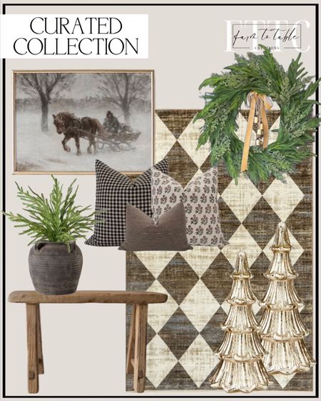Curated Collection. Follow @farmtotablecreations on Instagram for more inspiration. nuLOOM Meline Checkered Fringe Area Rug. Country Winter Sleigh Ride Painting | Vintage Holiday Farmhouse Wall Art PRINTABLE Digital Downloadable. Pillow Cover Combo Brown Pillow Cover Combo Moody Pillow Cover Set Block Print Pillow Combo Black Floral Pillow Brown Pillow Cover Set. Small Slim Bench/Stool Antique-style.   
20" Faux Green Norfolk Pine Cypress Bush - Christmas Greenery Pine. Beautiful Vintage Black Grey Clay Pot, Vintage Pottery, Vintage Pot, Clay Pottery, Antique Black Clay Pot, Antique Pot, Vintage Grey Pot. Artificial Norfolk Pine and Cedar Christmas Winter Wreath, Neutral Christmas Wreath, Christmas Wreath with Bells, Faux Pine Holiday Wreath. My Texas House Gold Glass Tree Decoration. Christmas Decor. Christmas Living Room. 

#LTKfindsunder50 #LTKhome #LTKHoliday