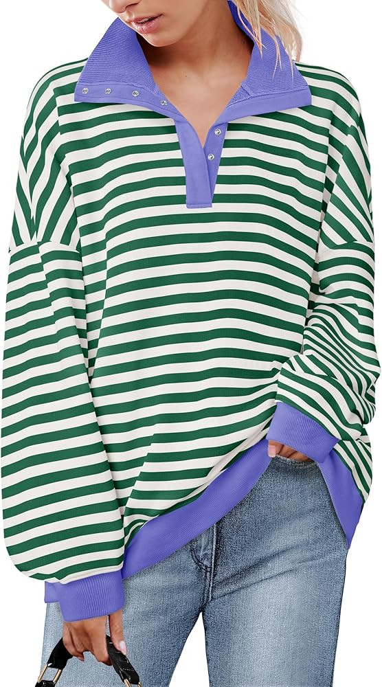 ZESICA Sweatshirts for Womens Long Sleeve Lapel V Neck Striped Oversized Tops | Amazon (US)