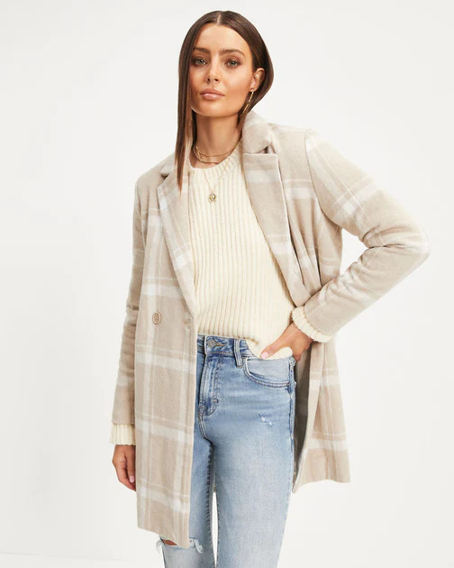 Coming To Town Plaid Pocketed Coat - Beige | VICI