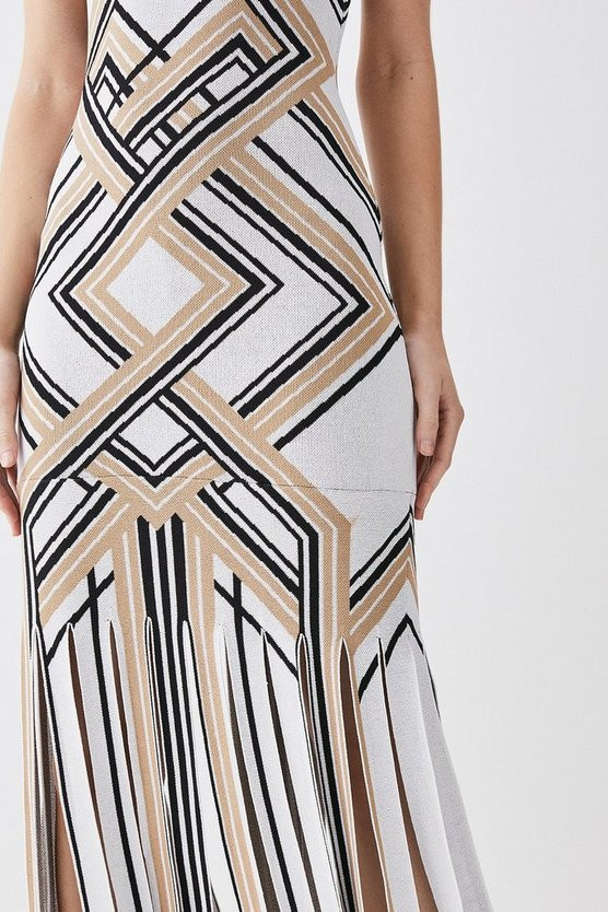 Sliced Hem Placement Stripe Knit Jacquard Maxi Dress | Karen Millen US