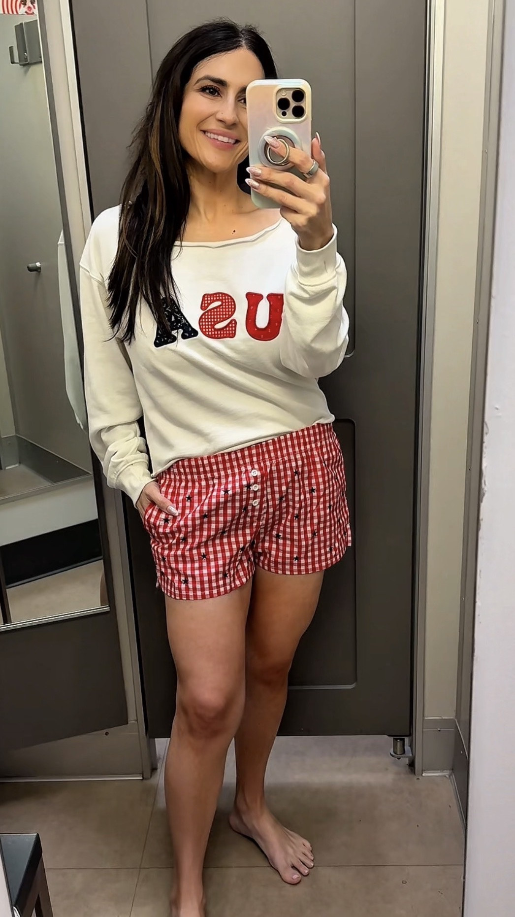 Memorial Day outfit idea 🇺🇸✨

This USA shirt was fully stocked in my local @Target store, but I can’t seem to find the exact one online right now 😭 I linked a few similar patriotic sweatshirts that give the same vibe!

Perfect for chilly lake nights, backyard BBQs, and Fourth of July fireworks 🤍

Paired with these red star gingham shorts for the cutest casual summer outfit.

#LTKootd #LTKSeasonal #LTKOver40