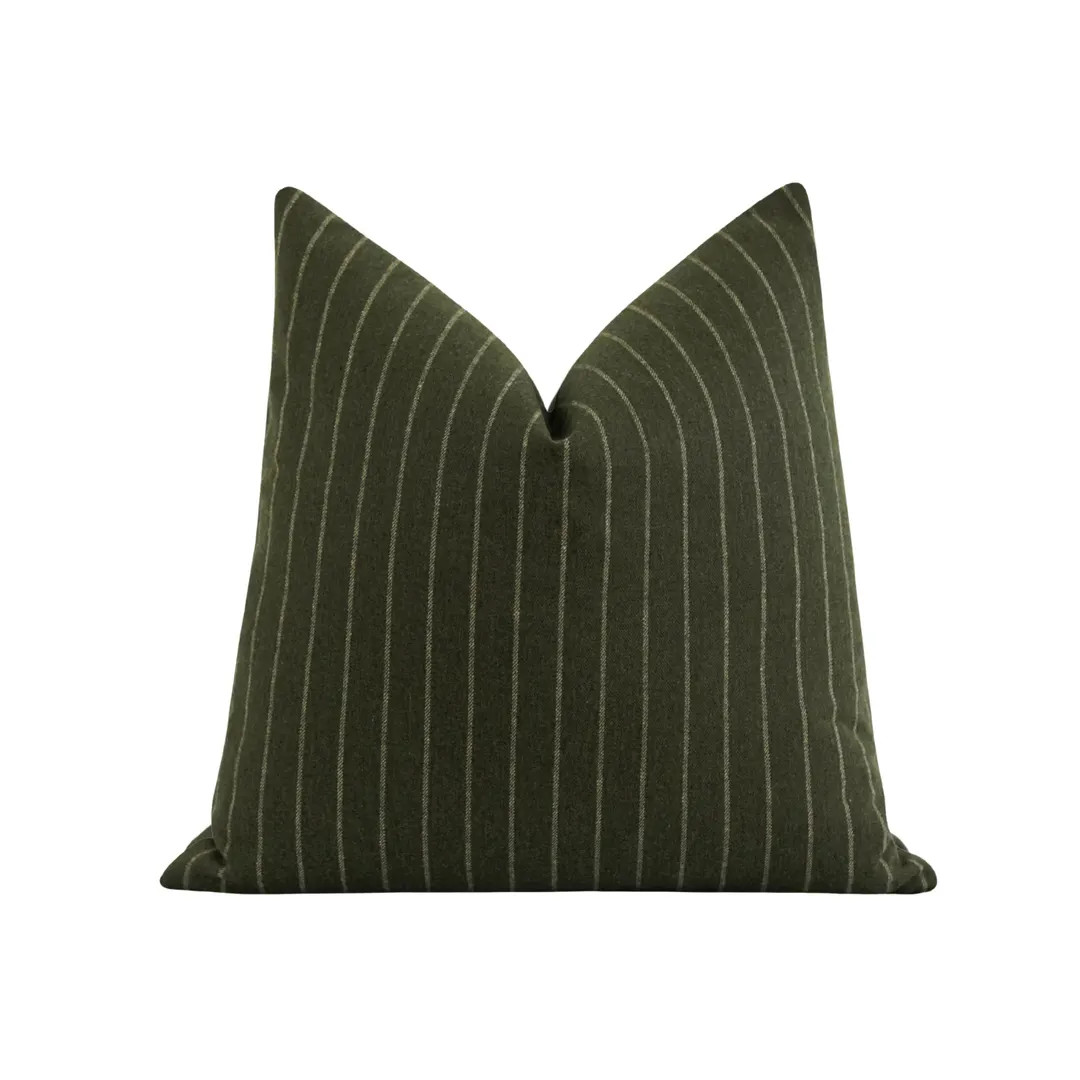 Moss Green Striped Pillow Cover • Wool Blend Woven Throw Pillow • Classic Green & Ivory Strip... | Etsy (US)