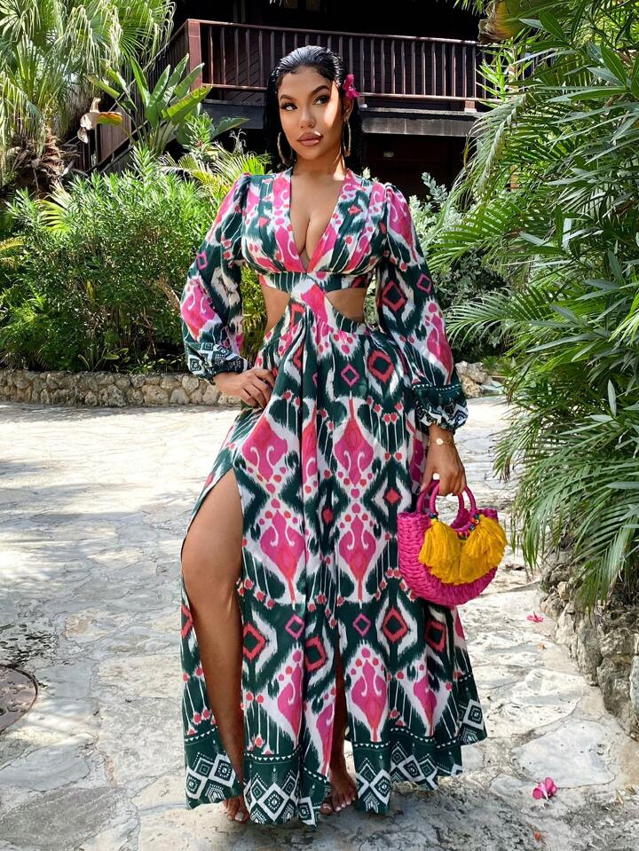SHEIN SXY Women's Vacation Geometric Print Hollow Sexy Lantern Sleeve Mini Dress,Boho,Spring Brea... | SHEIN