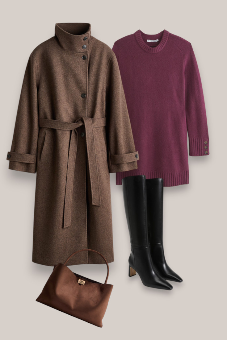 Simple winter dressing: a cosy burgundy sweater dress, knee-high boots and a long brown coat. An easy formula that looks polished with almost no effort. #sweaterdress #winteroutfits #kneehighboots #winterfashion 

 #LTKfestive #LTKdatenight #LTKstyletip