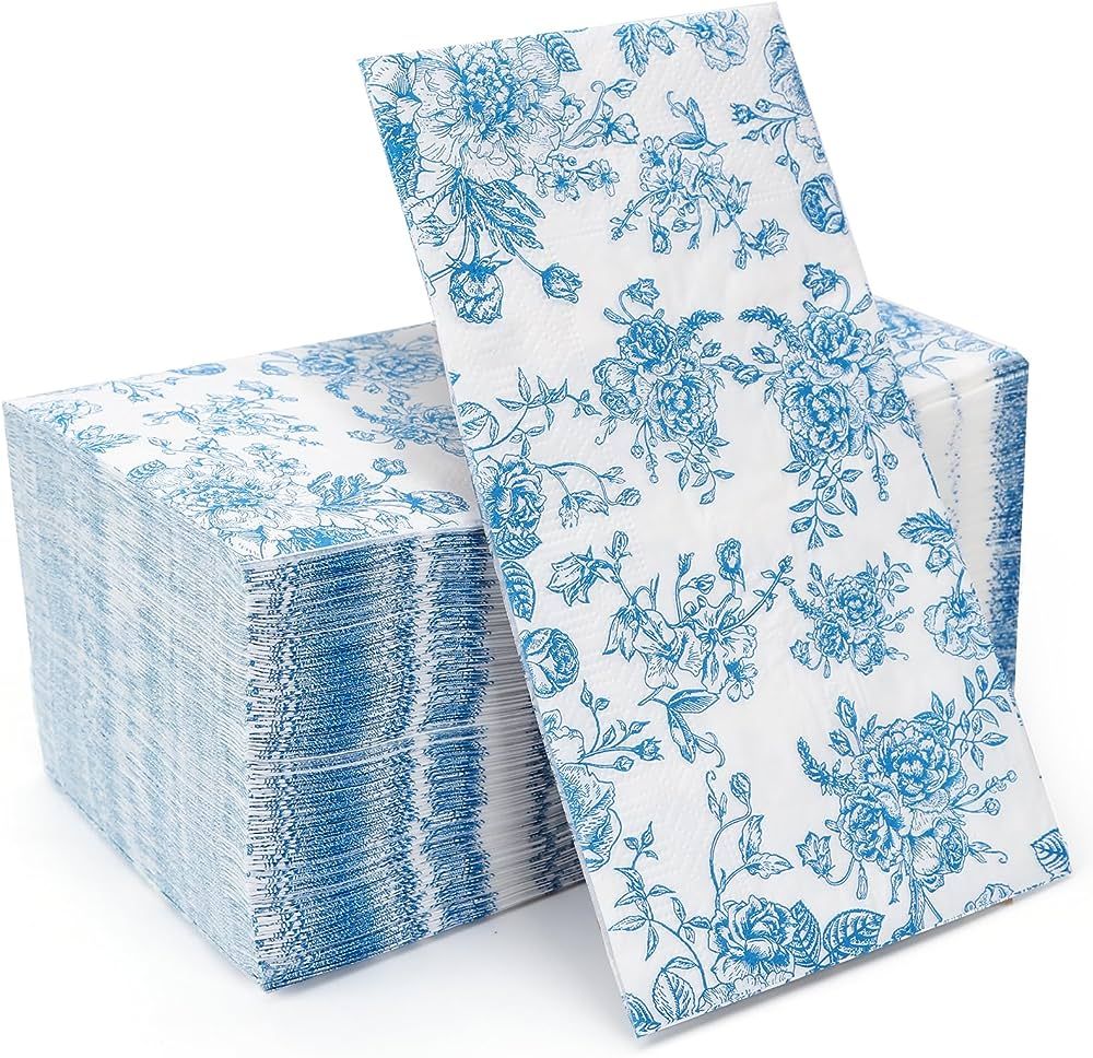 100 Pack Blue Floral Guest Hand Towels Disposable for Bathroom, Blue Floral Paper Napkins Decorat... | Amazon (US)