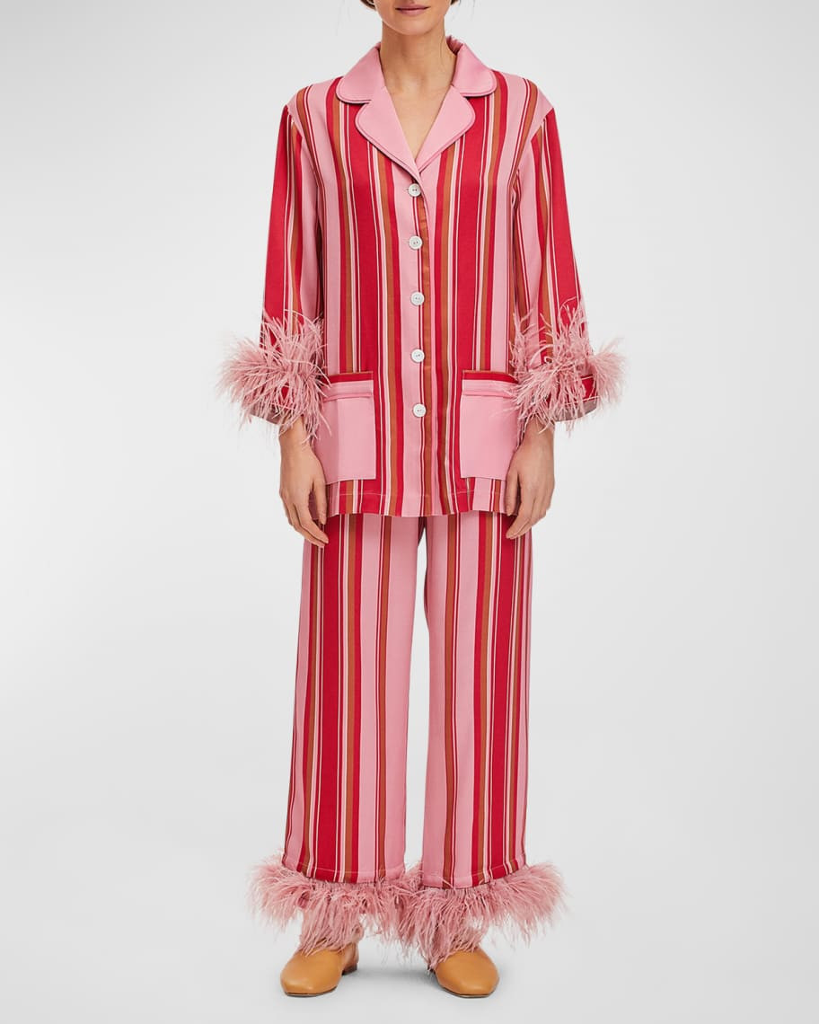 Sleeper Party Striped Feather-Trim Pajama Set | Neiman Marcus