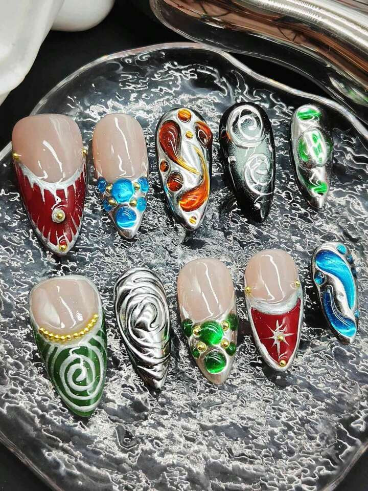 10 Nail Slices Almond Shaped Pure Handmade Summer Personality High-End Hot Girl Style Multi-Color... | SHEIN