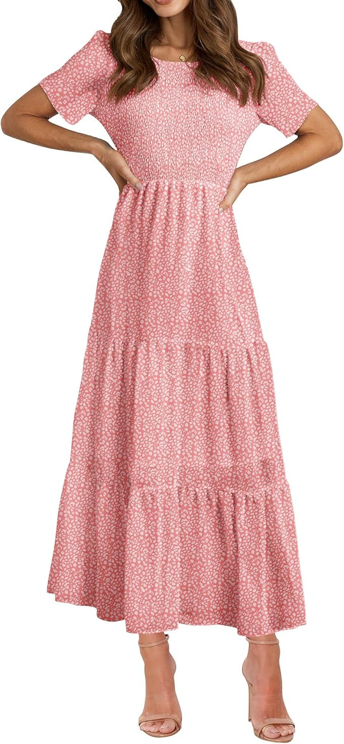 BTFBM Women Casual Short Sleeve Crew Neck Summer Dress Bohemian Floral Printed Flowy Maxi Dresses... | Amazon (US)