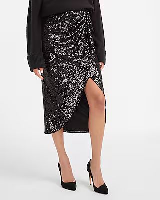 High Waisted Sequin Wrap Midi Skirt | Express