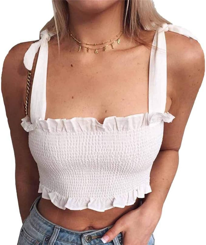 Kyerivs Women's Summer Cute Ruffle Frill Smocked Crop Tops Tie Shoulder Bow Strap Tank Tops | Amazon (US)