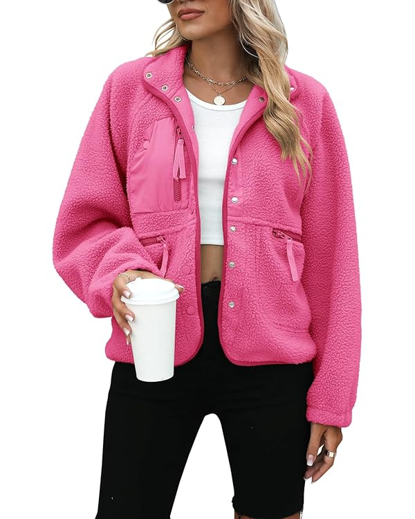 Yanekop Womens Fleece Jacket Fuzzy Long Sleeve Short Coats Button Down Sherpa Outerwear With Pock... | Amazon (US)