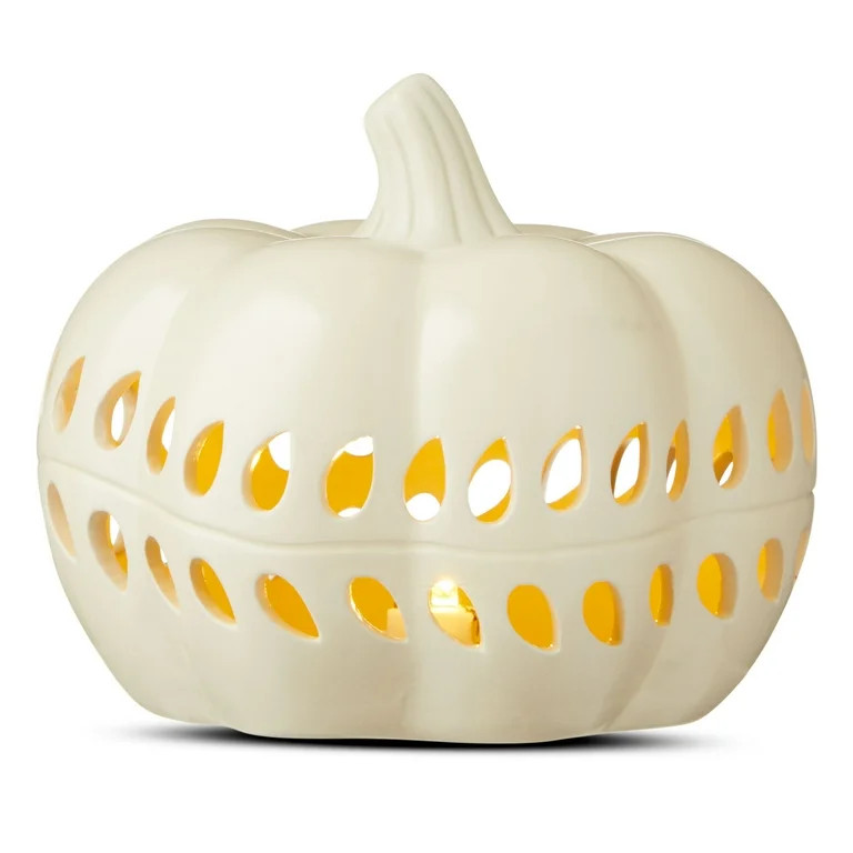 Harvest Pre-Lit White Ceramic Pumpkin Decoration, 5.25 in, by Way To Celebrate - Walmart.com | Walmart (US)