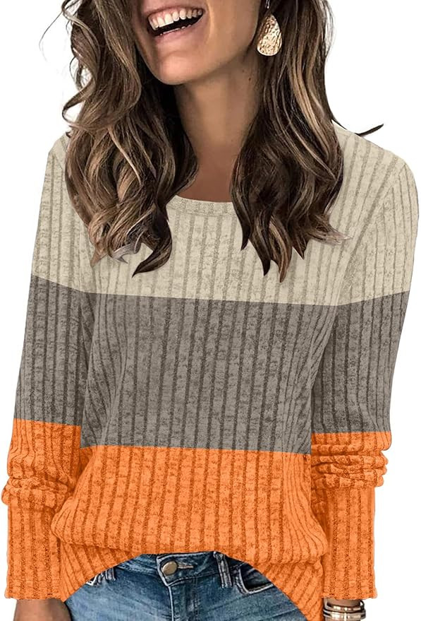Womens Color Block Tops Striped Lightweight Sweaters Long Sleeve Crewneck Shirts Casual Loose Fit... | Amazon (US)