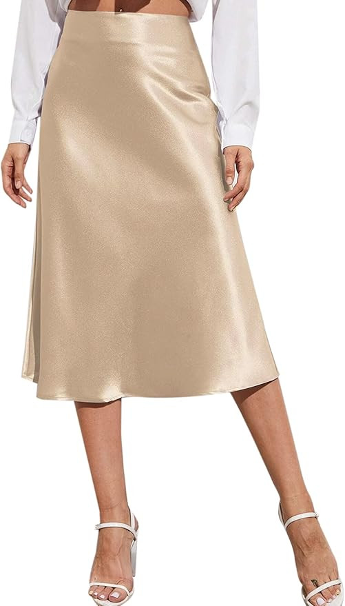 Zeagoo Womens Midi Skirt High Waisted Solid Satin Dress Zipper Elegant Work Skirts | Amazon (US)