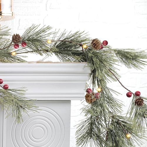 6.4 FT Artificial Cedar Garlands, Real Touch Winter Pine Garland with Red Berries, Green Greenery Garland for Table, Mantle, Wall, Indoor, Outdoor Christmas Decorations | Amazon (US)