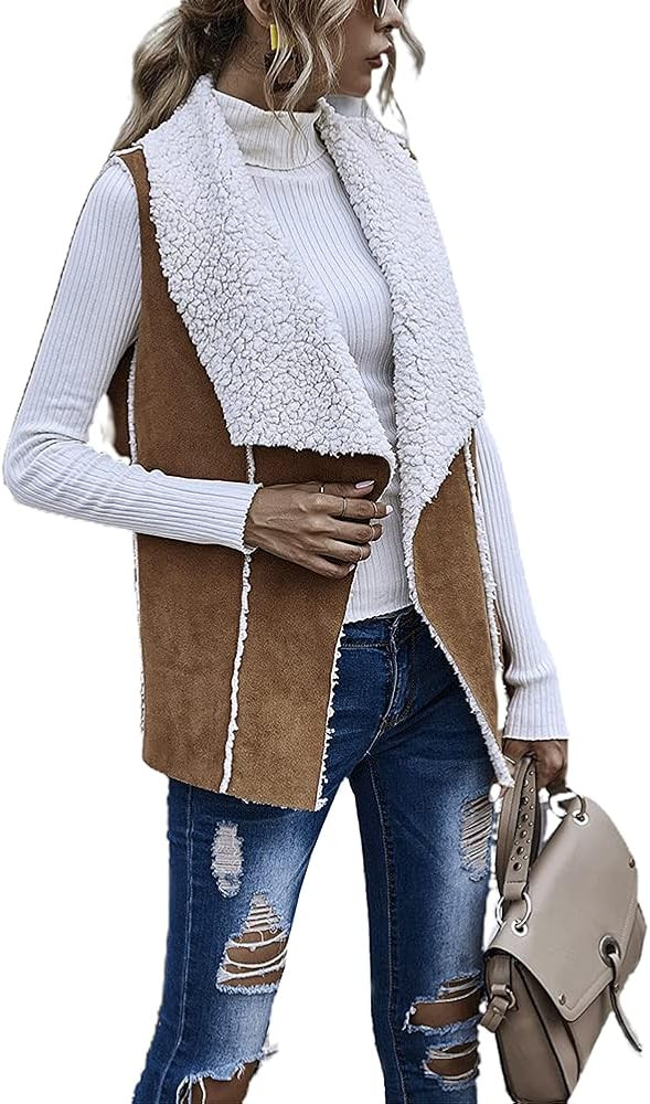 chouyatou Women's Casual Open Front Lapel Faux Suede Sleeveless Fleece Vest Jacket Coat | Amazon (US)