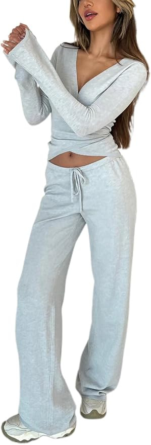 Women Ballet Wrap Tops Sets Athletic Pilates Tie Front Long Sleeve Shirt Sets Y2k Yoga Cross V Ne... | Amazon (US)